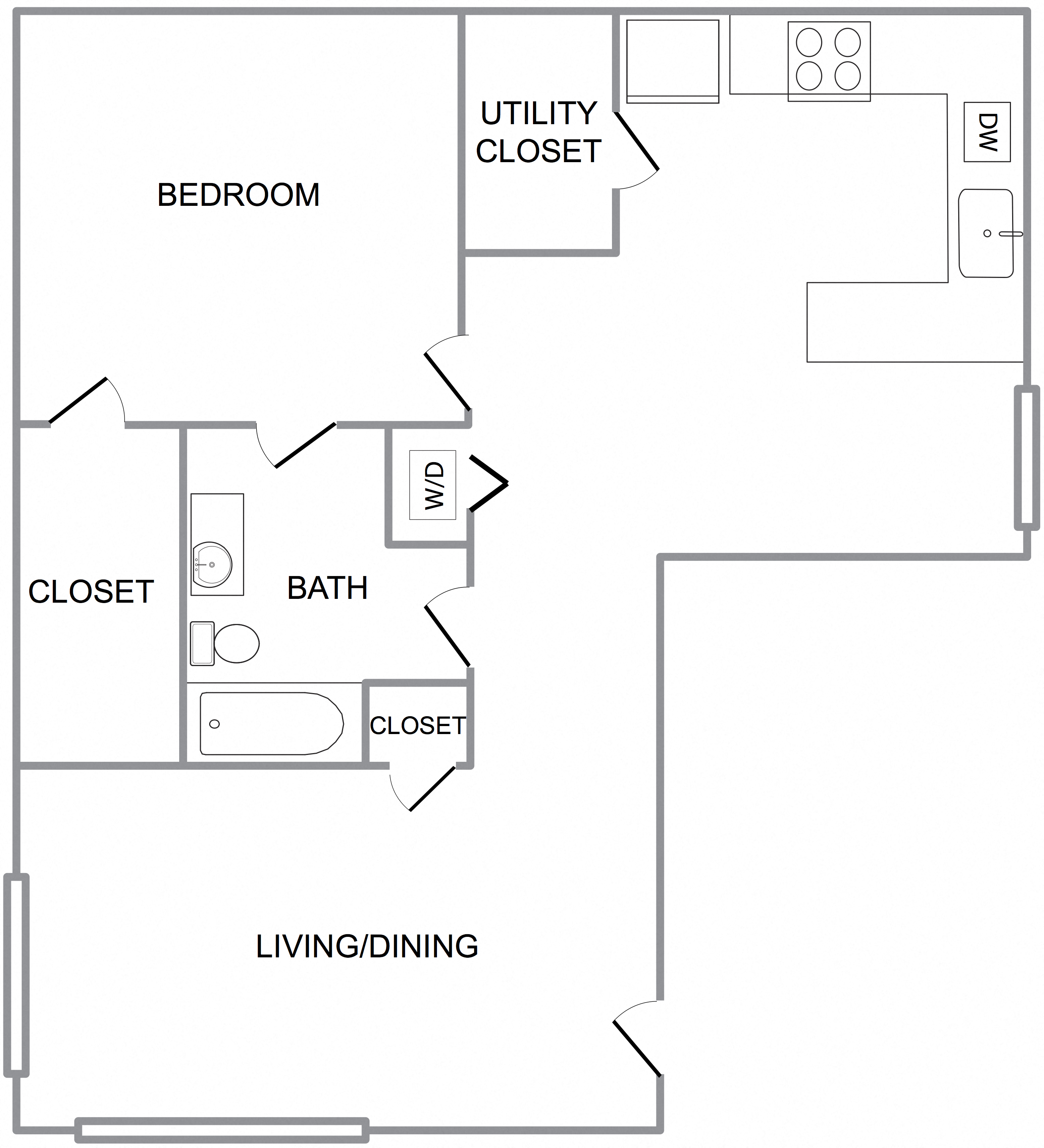 Floor plan for 1 bed, 1 bath, 735 sqft